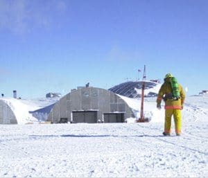 Lt. John Piper walks across McMurdo Station in Antarctica, where he serves as a firefighter.