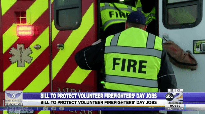An ABC broadcast reads, "Bill to Protect Volunteer Firefighters' Day Jobs."