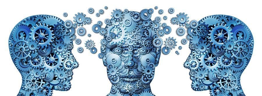 Thought is depicted by gears turning and floating around multiple heads.