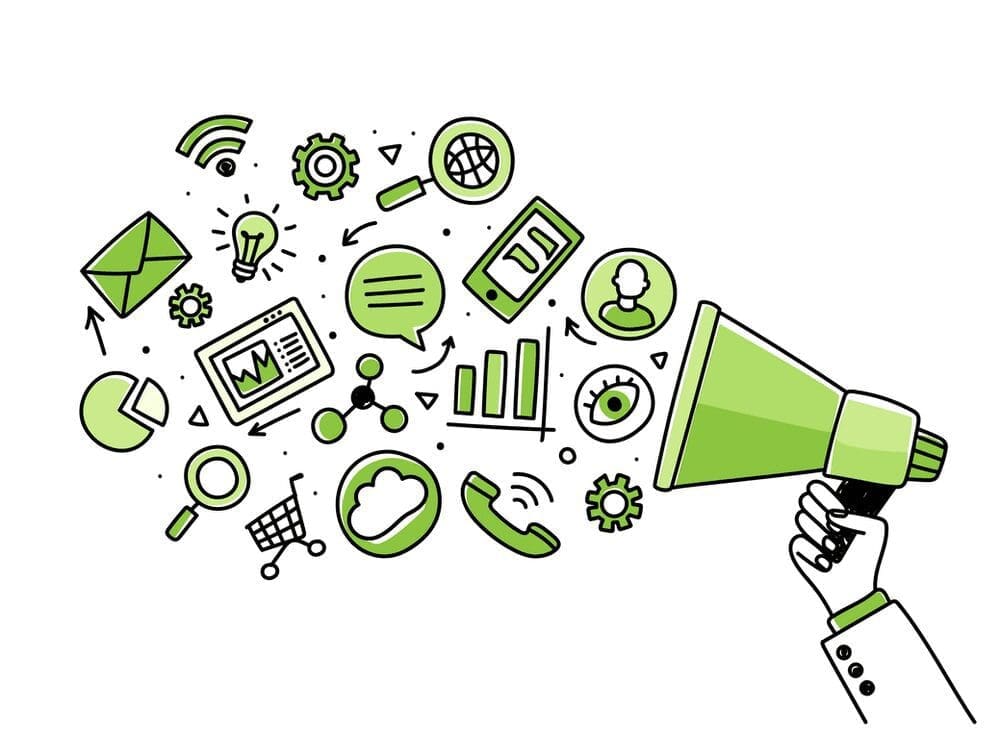 A green megaphone has icons (email, lightbulbs, gears) coming out of it.