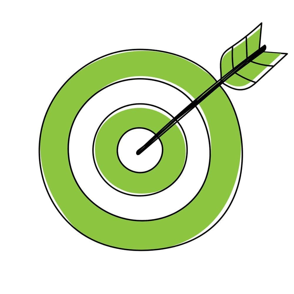 A green target has a dart in the middle of it.