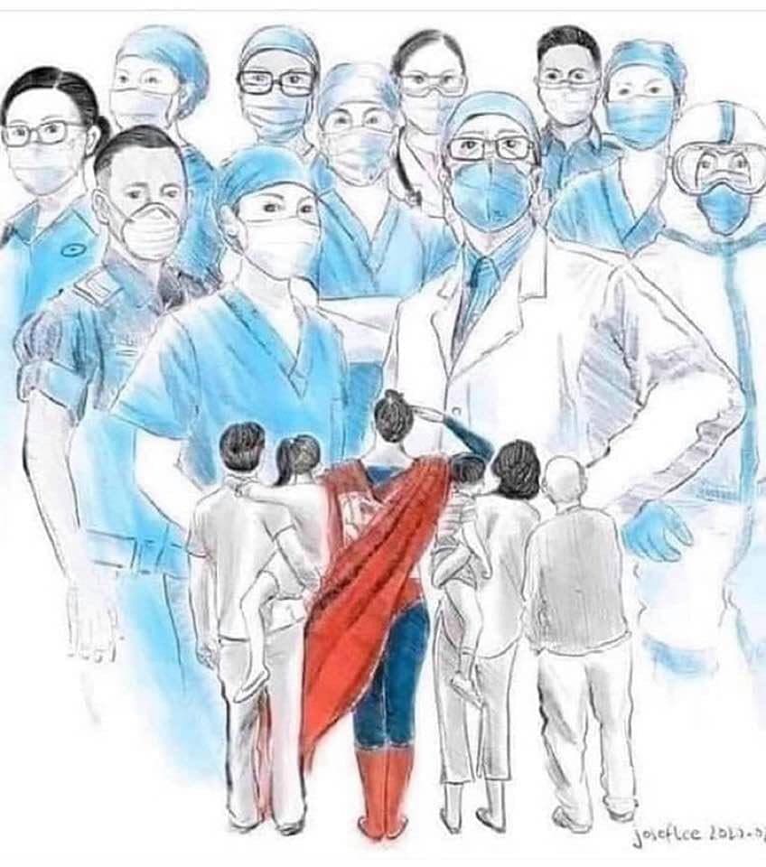 A political cartoon shows Superman and Americans saluting front-line healthcare workers.