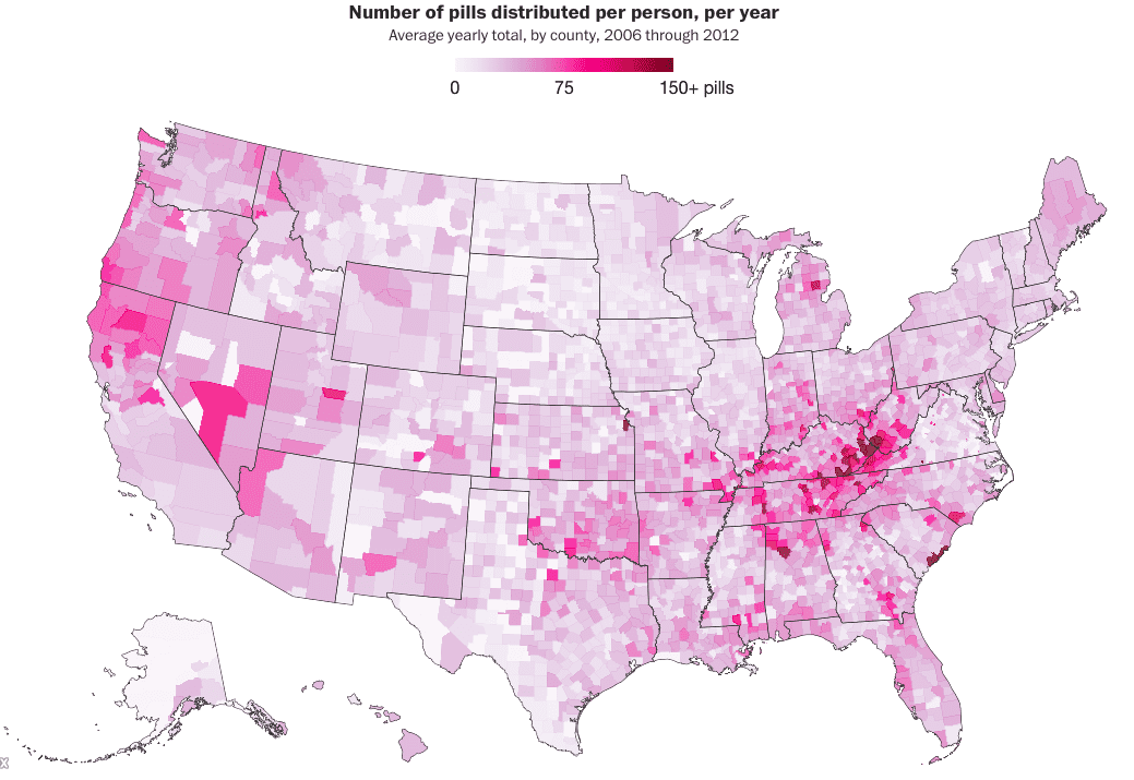 A map of the United States illustrates how many opioid pills are distributed per person per year.