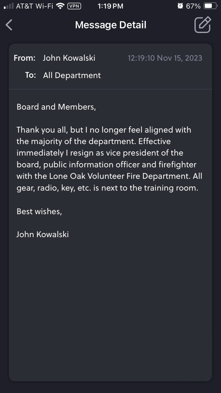 LOVFD, fire department, volunteer fire department, resignation