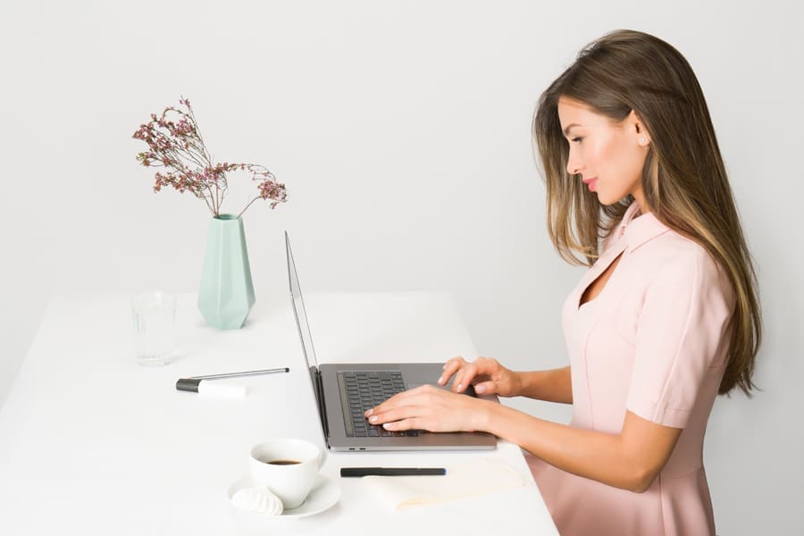 woman, writing, laptop